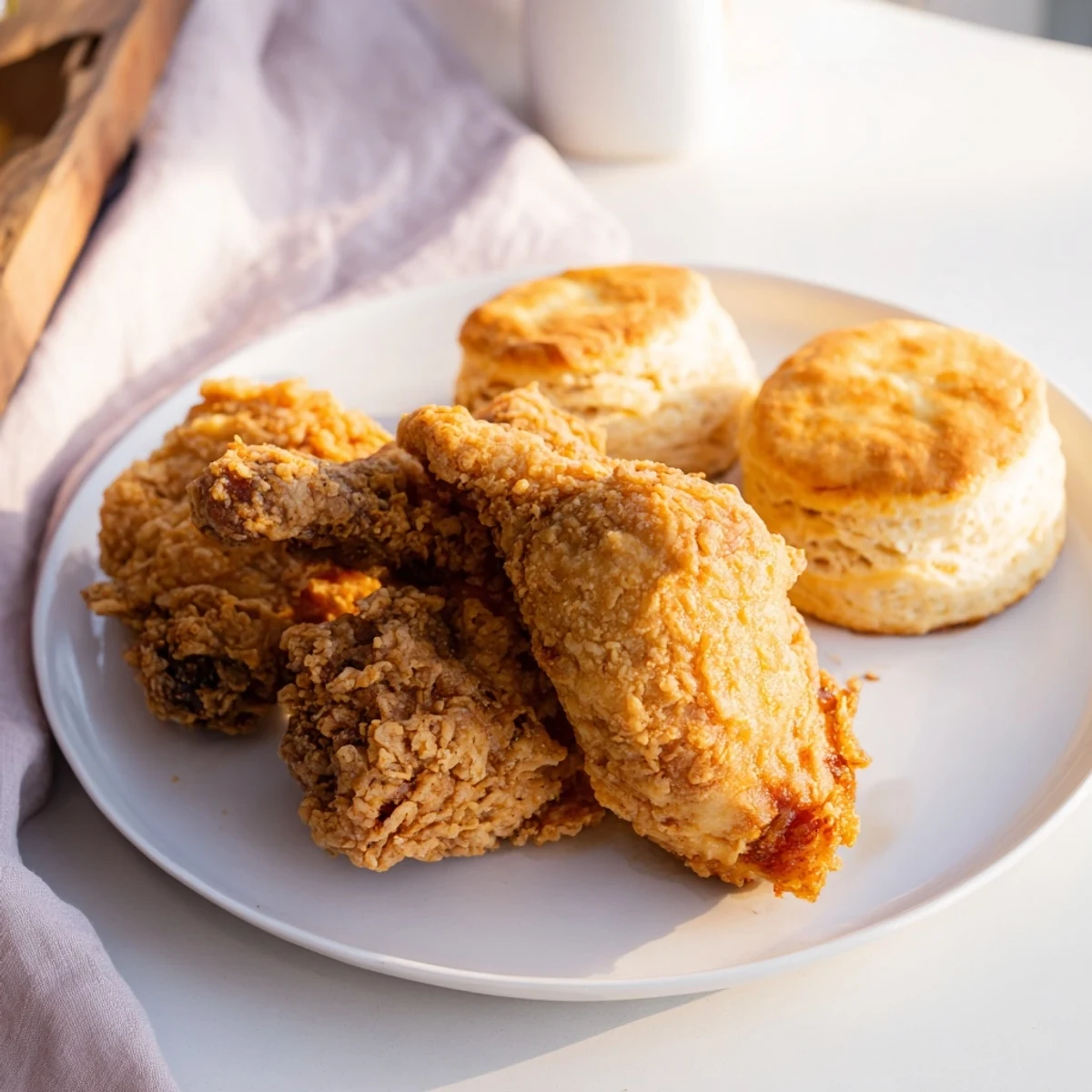Freshly baked Southern Fried Chicken with Buttermilk Biscuits sits beside a dollop of honey butter, perfect for a comforting family dinner or weekend feast.