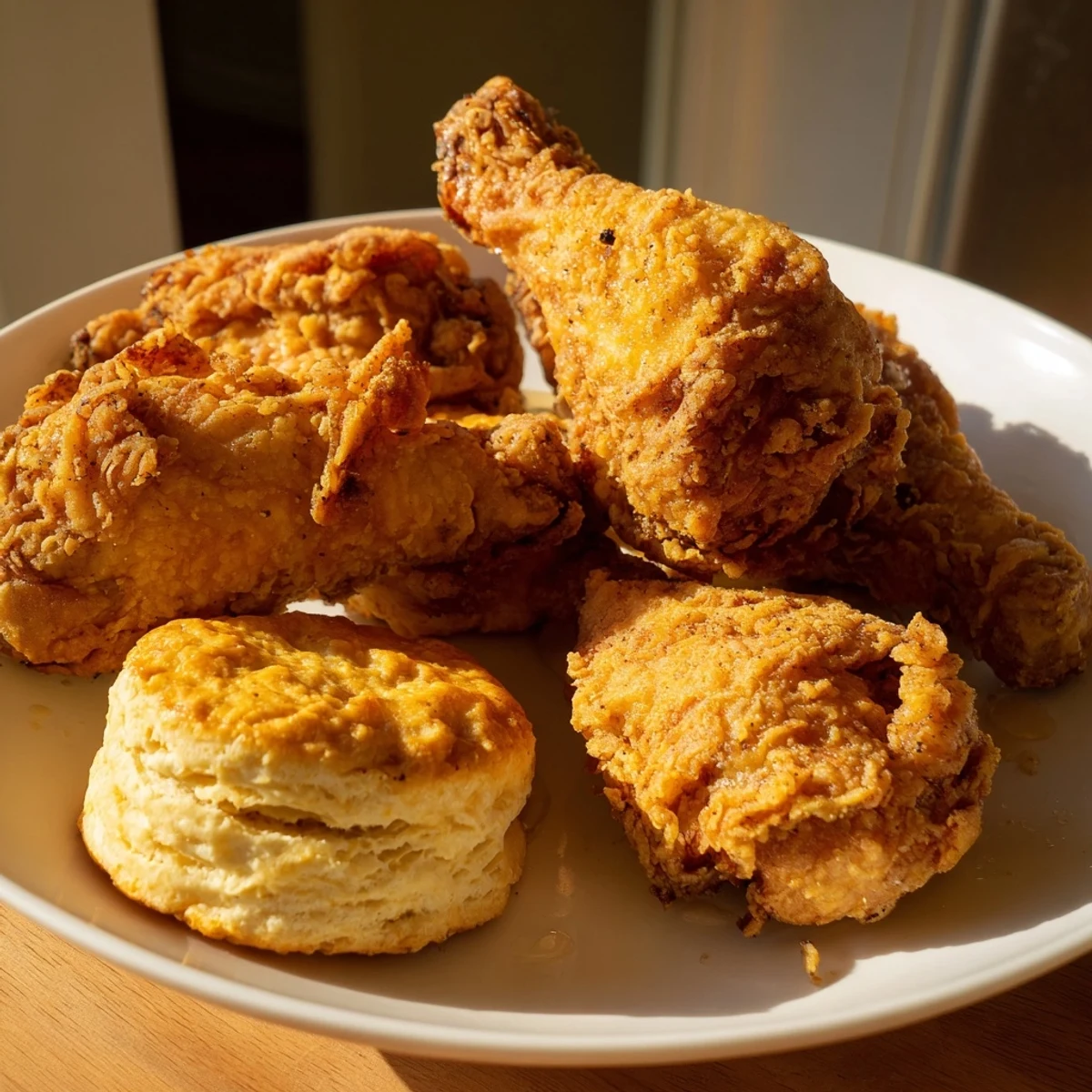 A close-up of Southern Fried Chicken with Buttermilk Biscuits shows golden, crunchy chicken skin and tender, flaky biscuit layers, ready to be enjoyed hot.