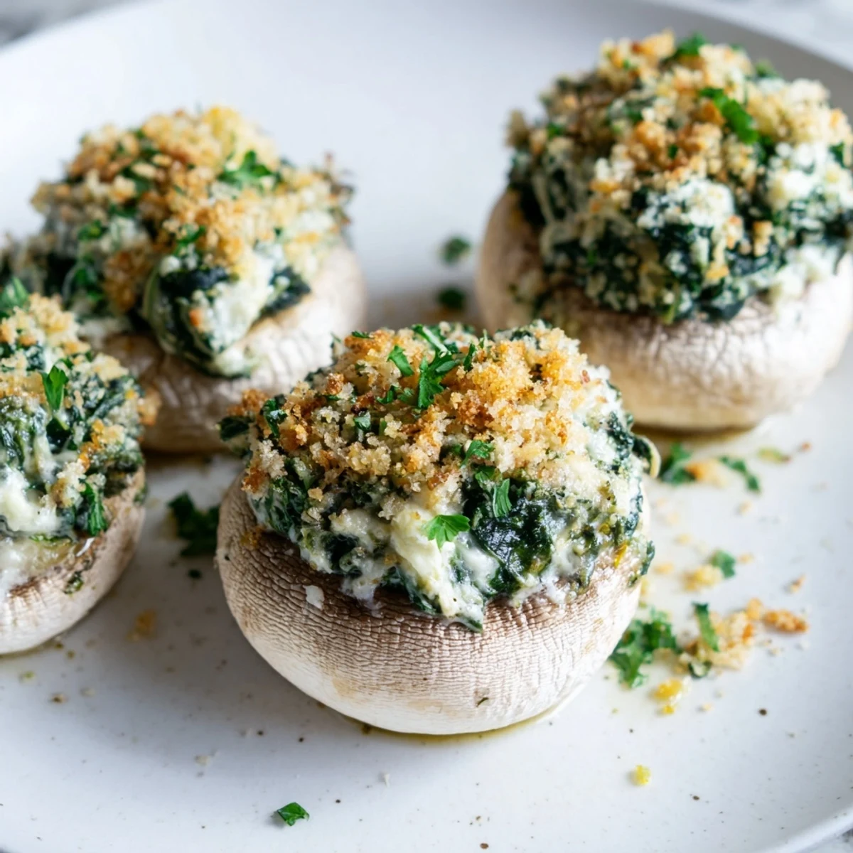 Golden-brown baked Vegetarian Stuffed Mushrooms with Spinach and Cheese, arranged on a rustic wooden board, perfect as an appetizer or side dish.