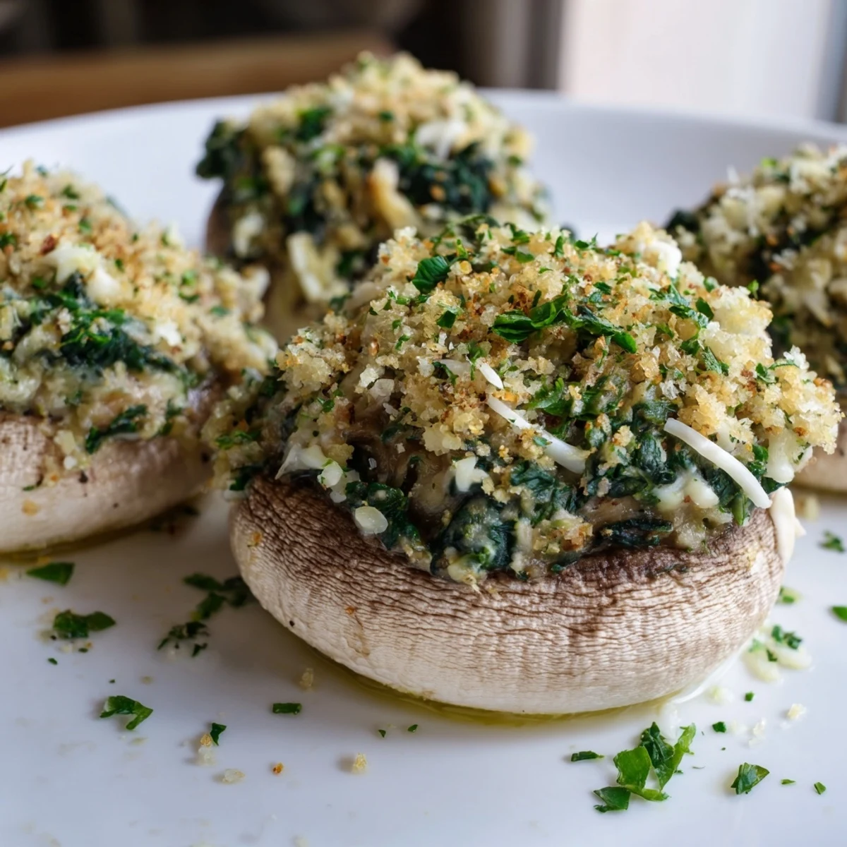 Fresh Vegetarian Stuffed Mushrooms with Spinach and Cheese, baked to perfection and served warm on a white ceramic platter for a party.