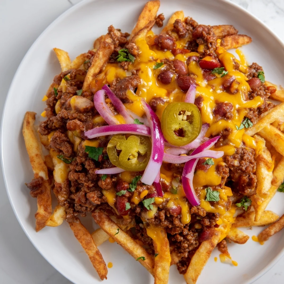 Golden, crispy fries layered with hearty ground beef chili, melted cheddar, and fresh onion slices for a classic comfort food meal.  