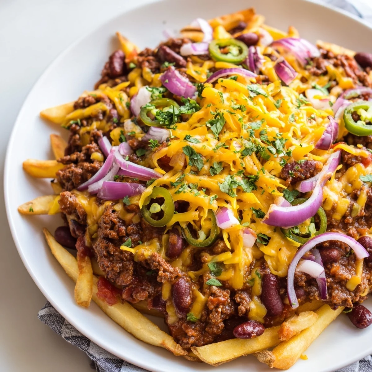 A close-up of Chili Cheese Fries with Ground Beef and Onions, featuring bubbly cheddar and savory beans on golden potato fries.