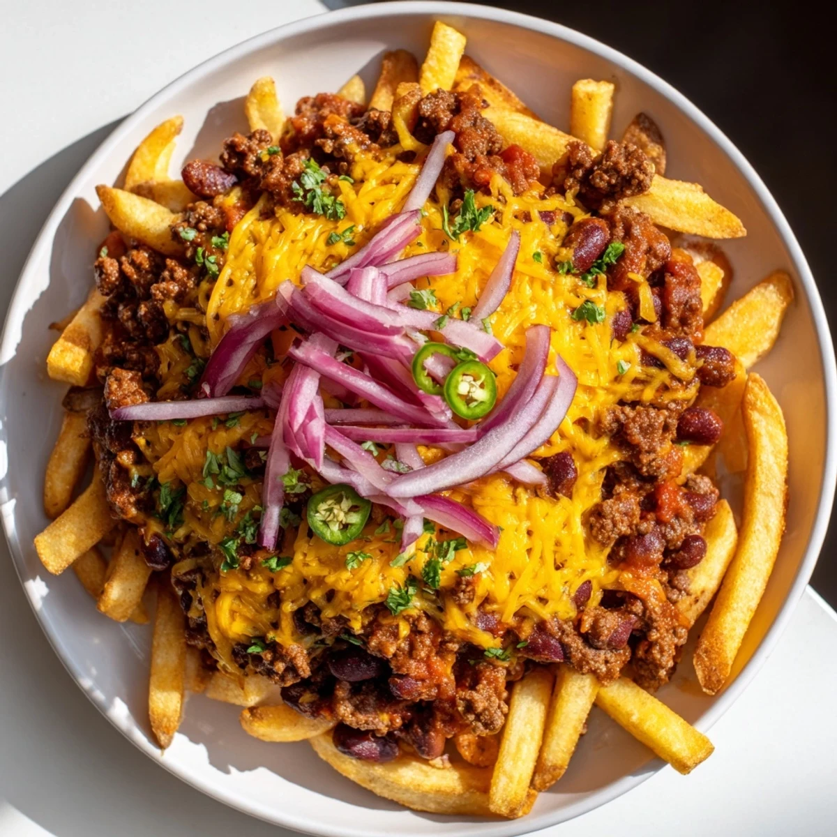Spicy Chili Cheese Fries with Ground Beef and Onions piled high on a platter, ready to be shared at a casual dinner gathering.  