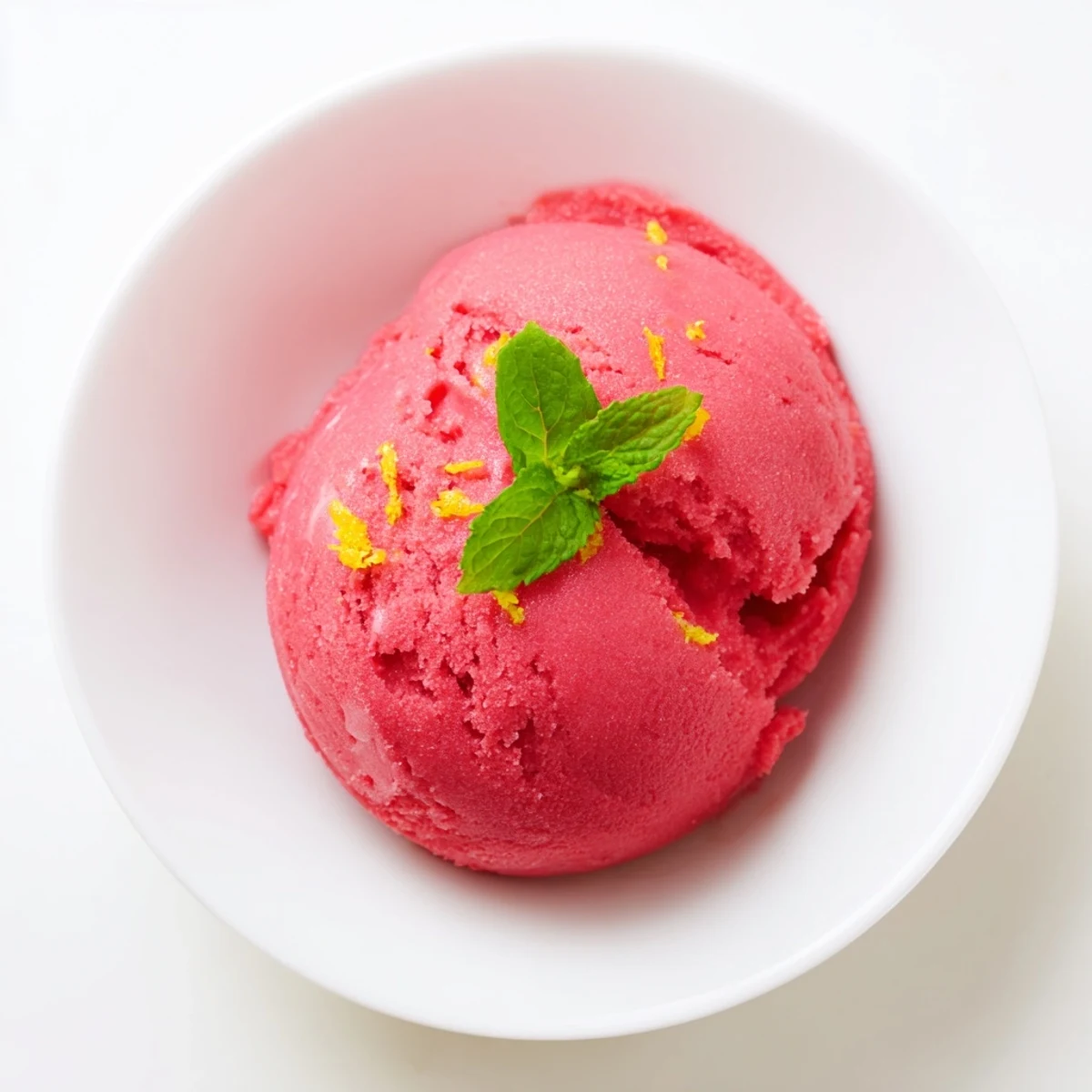 Creamy scoops of Pink Raspberry Lemonade Sorbet with Mint in a glass bowl, garnished with fresh mint leaves on a sunny picnic table.  