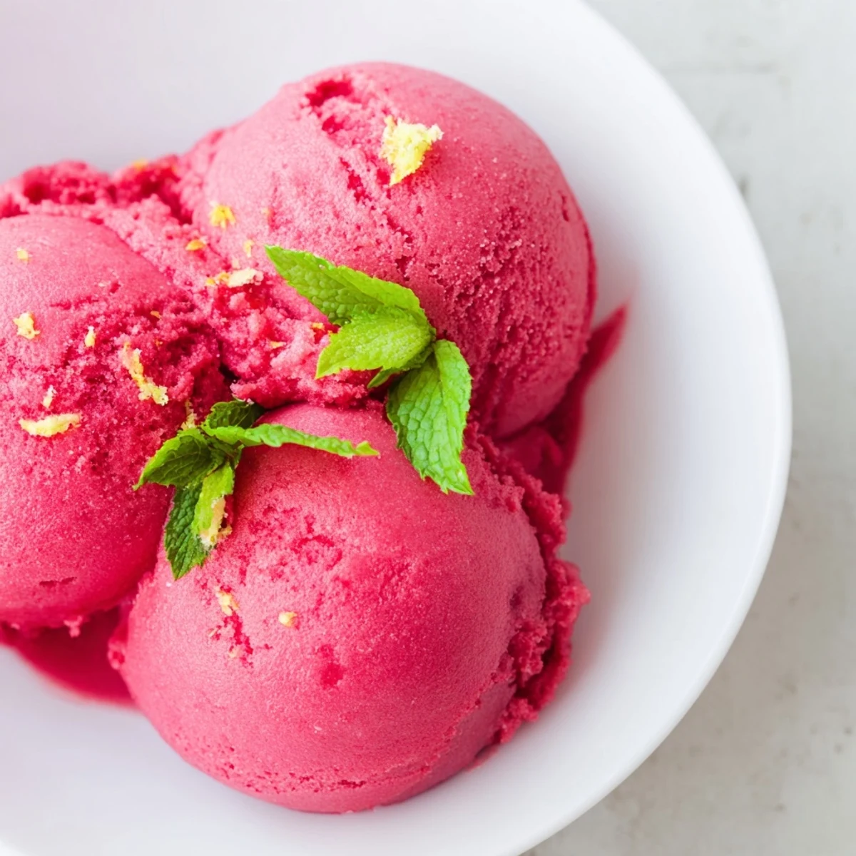A vibrant pink scoop of Pink Raspberry Lemonade Sorbet with Mint melting slightly, beside sliced lemons and raspberries on a wooden board.  