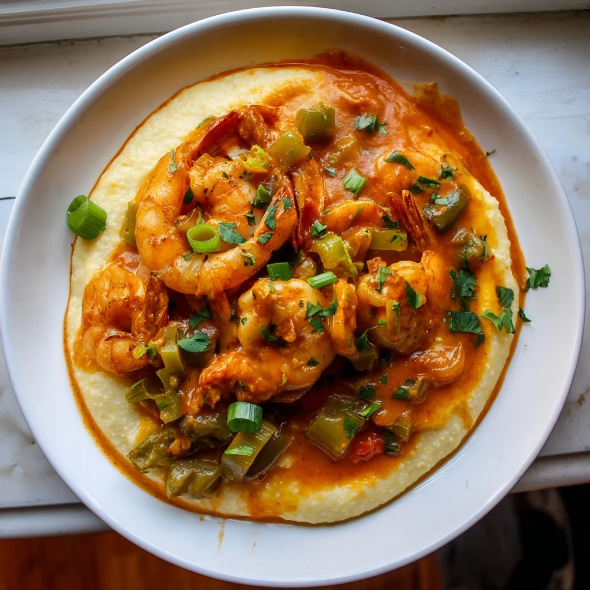 Creamy stone-ground grits topped with succulent shrimp in a spicy Creole tomato gravy, garnished with fresh parsley and scallions.