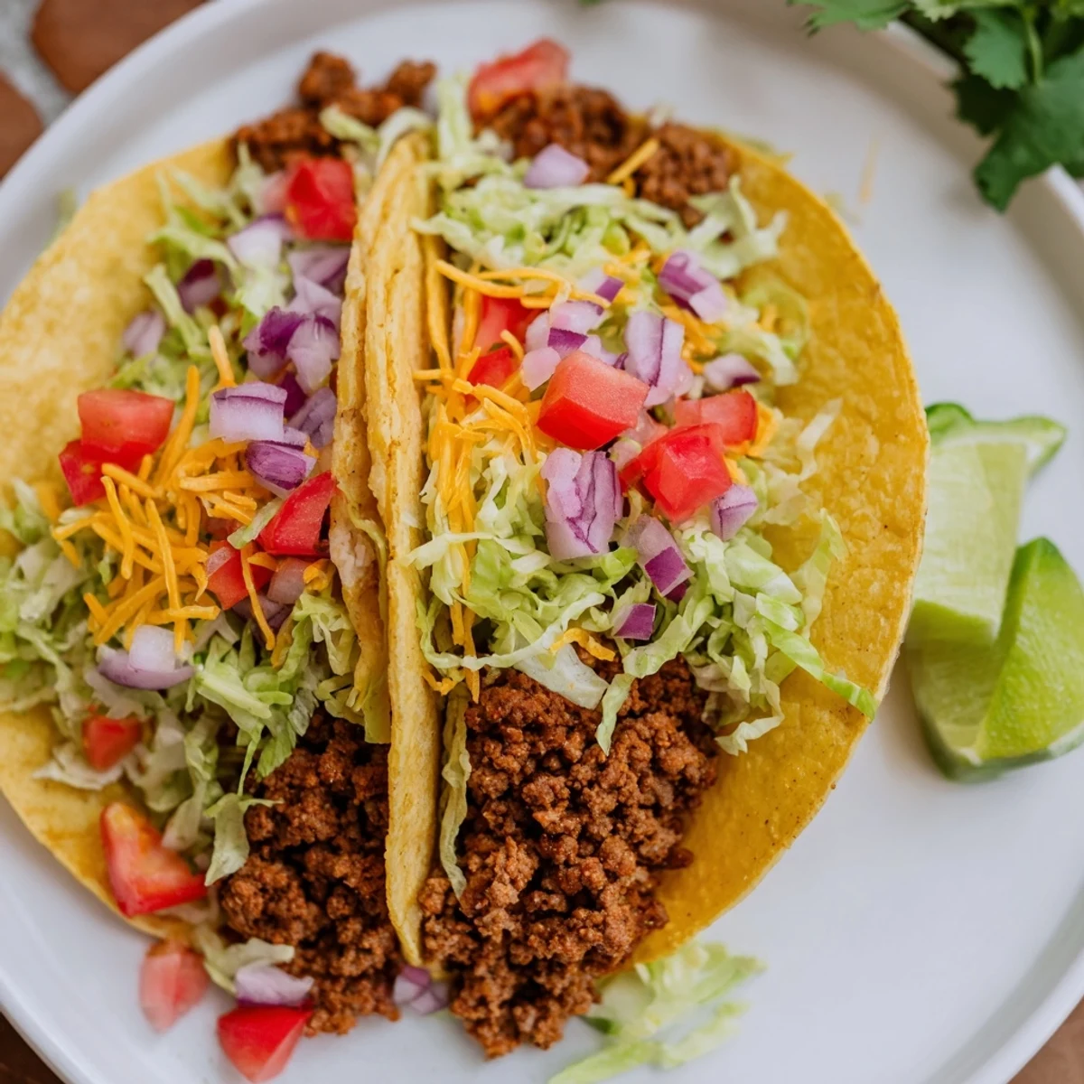 Golden-brown seasoned ground beef simmering with tomato sauce and spices, nestled in warm corn tortillas topped with crisp lettuce and cheese.