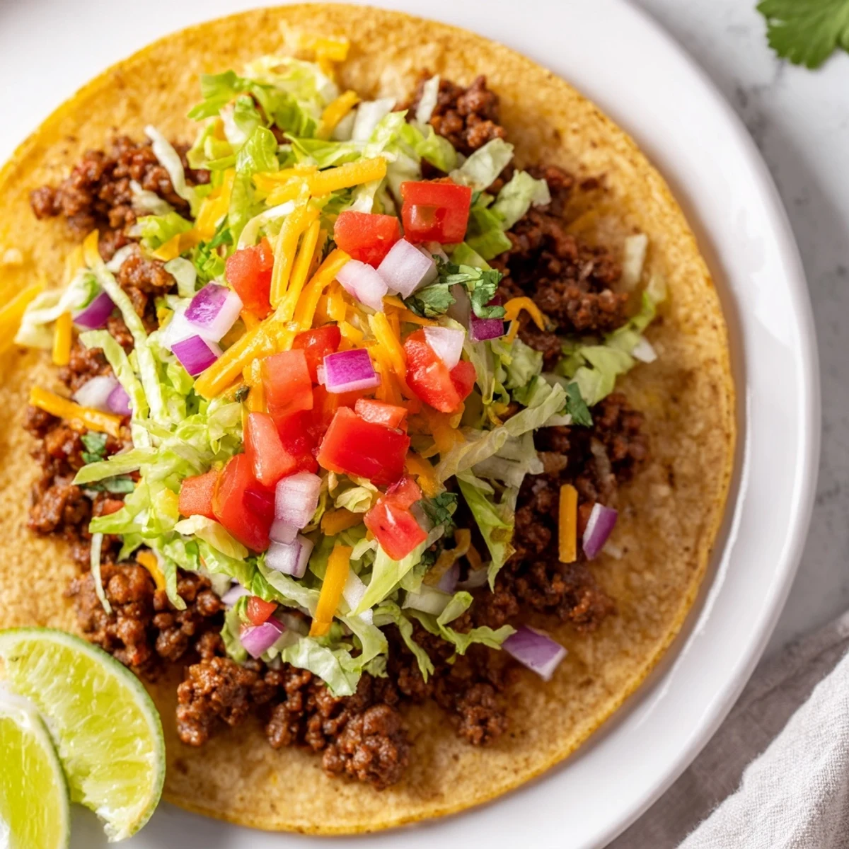 A close-up of sizzling beef tacos with homemade taco seasoning, garnished with fresh cilantro, diced tomatoes, and lime wedges on a rustic table.