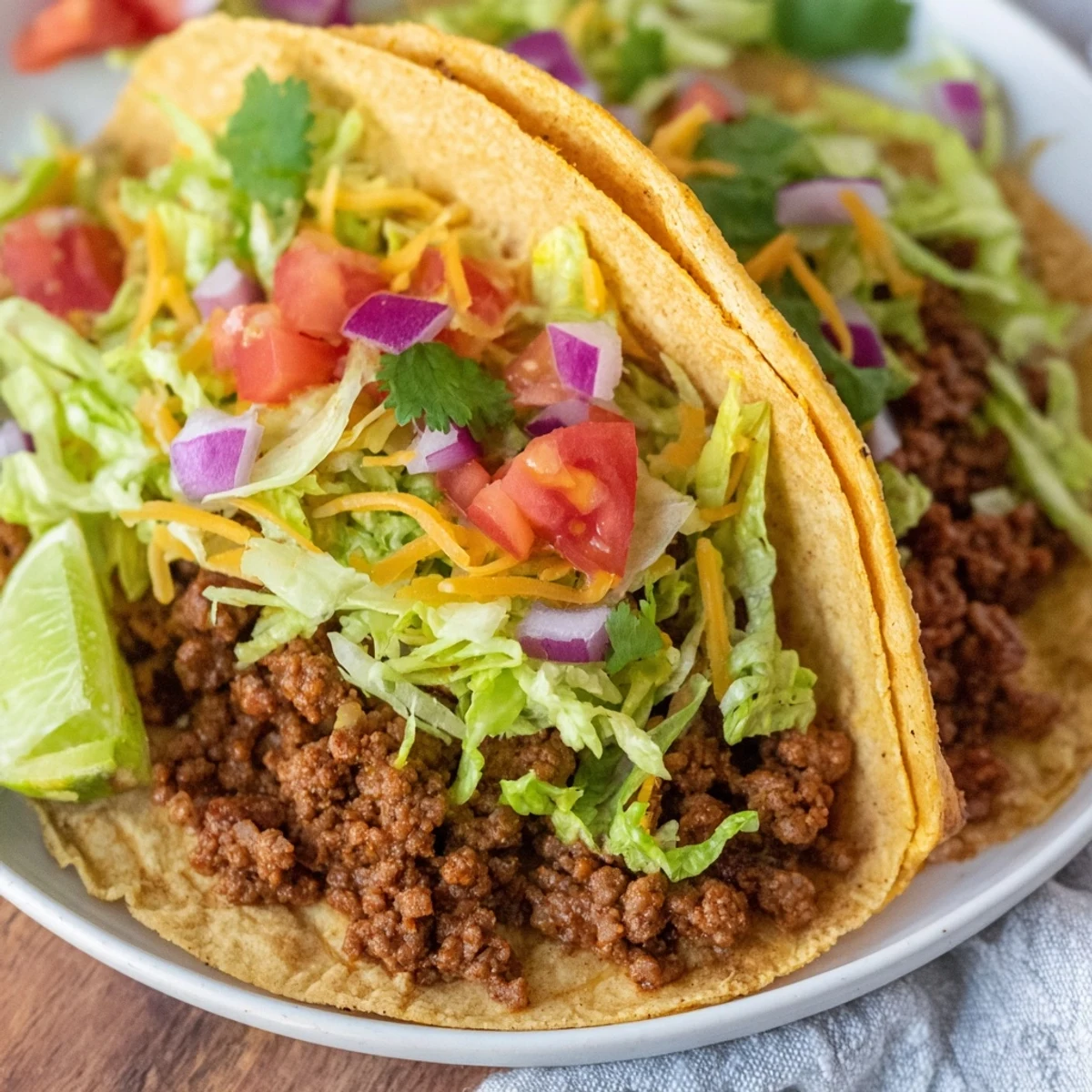 Hearty ground beef tacos with homemade taco seasoning, served with warm tortillas and colorful toppings like shredded lettuce, cheese, and vibrant diced tomatoes.