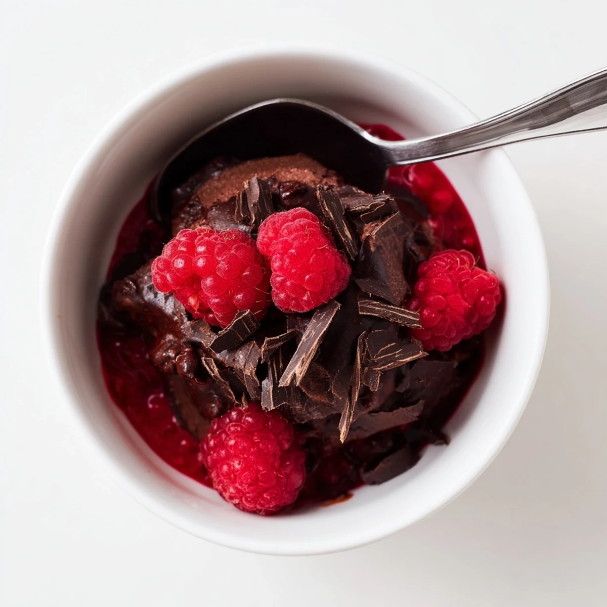 Silky chocolate mousse topped with a vibrant, tangy raspberry coulis and fresh berries.