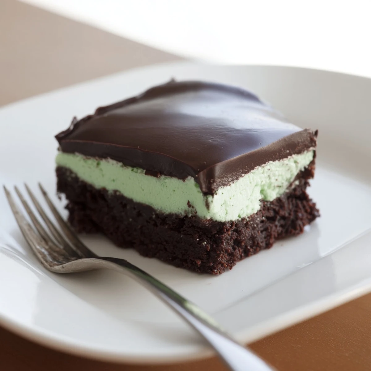 Fudgy Shamrock Mint Brownies with Chocolate Ganache, cut into neat squares and garnished with mint leaves for a festive dessert.