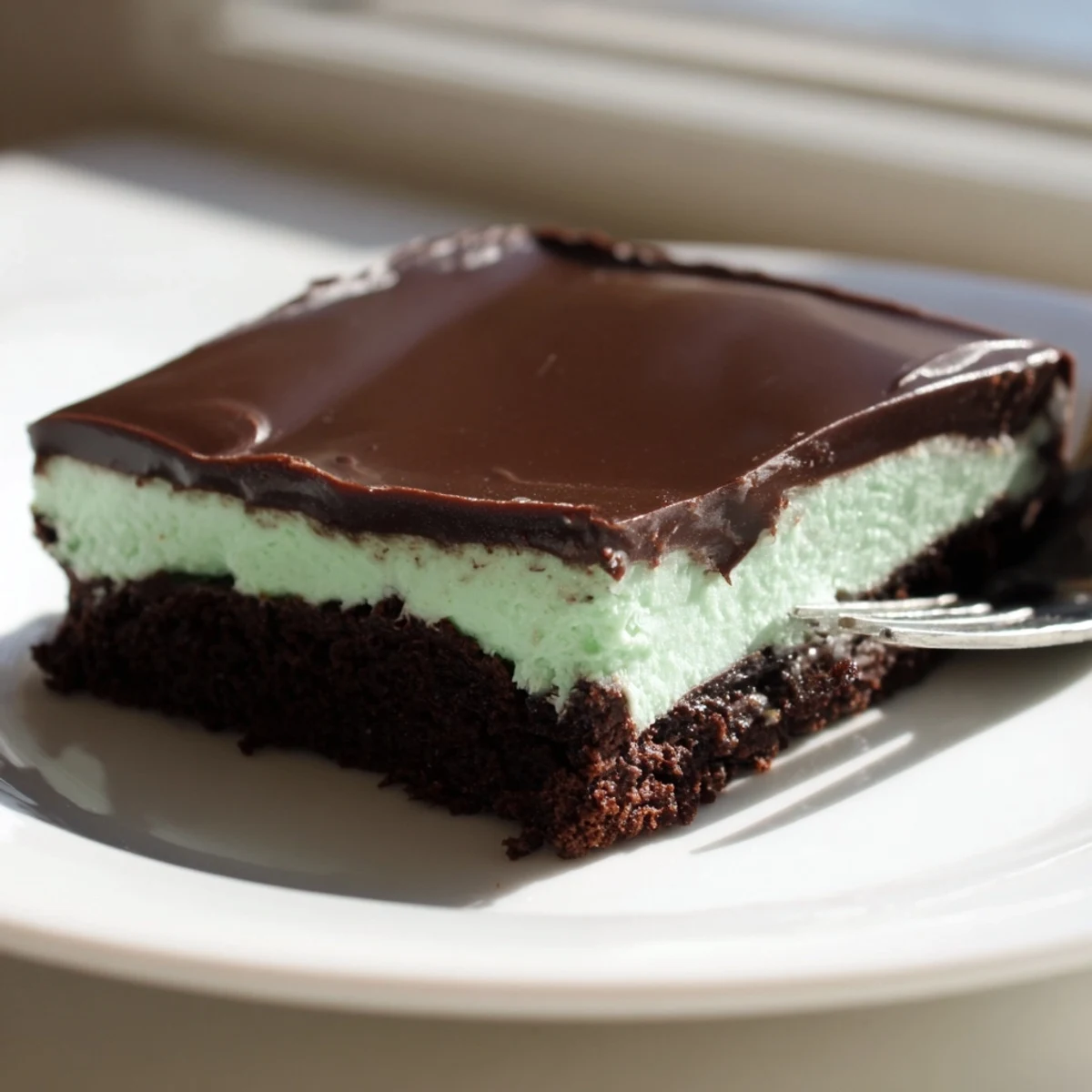 A close-up of Shamrock Mint Brownies shows glossy ganache and a minty green layer, perfect for chocolate-mint lovers seeking a treat.