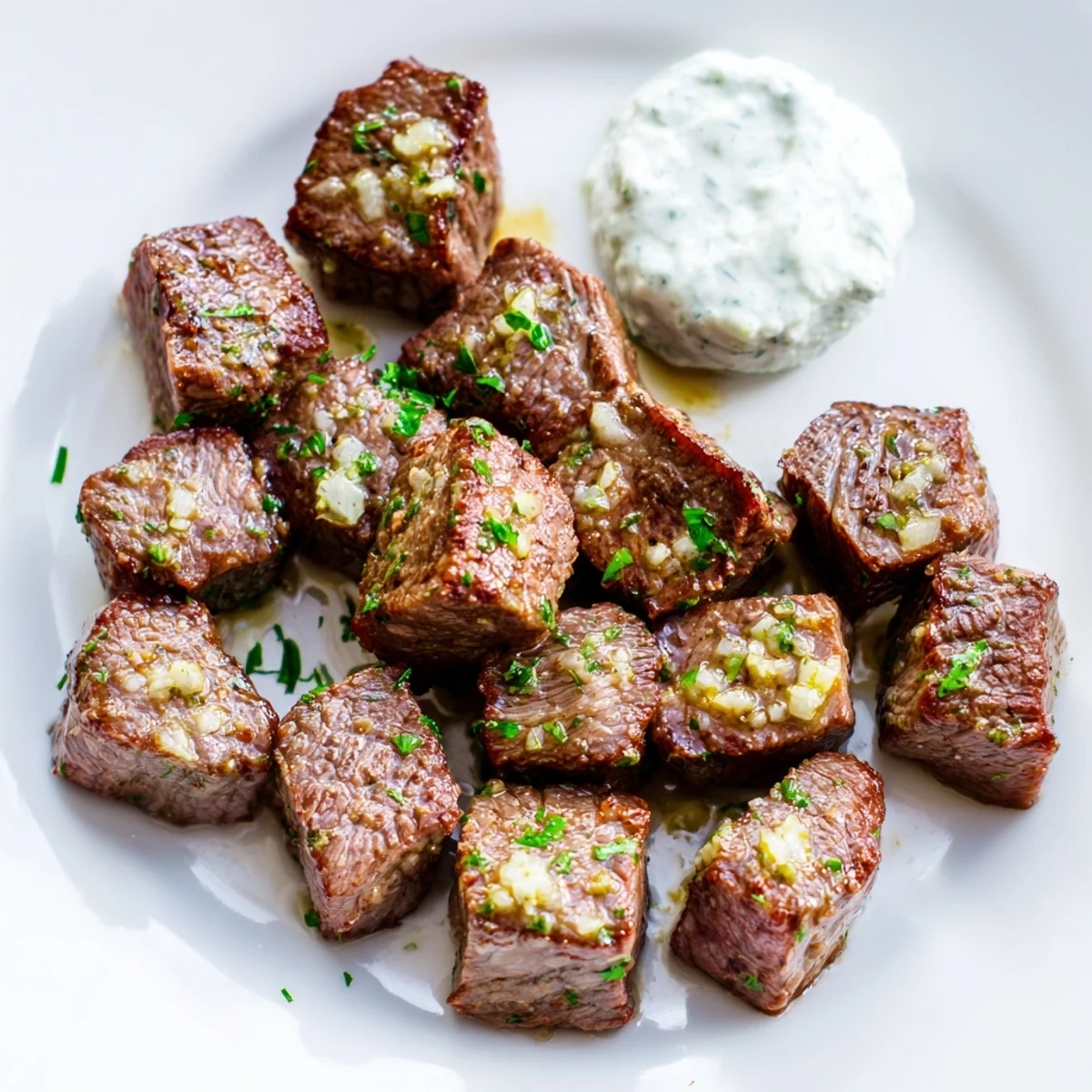 Garlic Butter Steak Bites are seared to a perfect brown crust in a skillet with garlic and parsley.