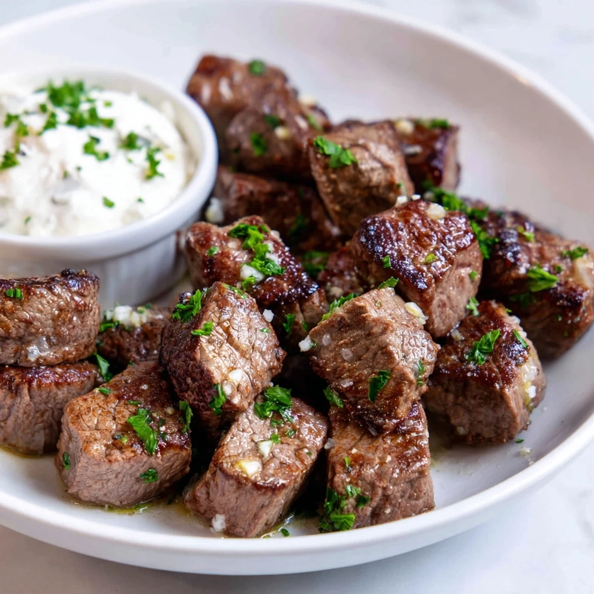 A close-up of Garlic Butter Steak Bites with a creamy white horseradish dip on a rustic plate.