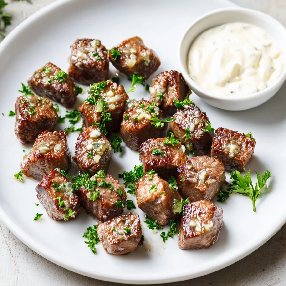 Golden-brown Garlic Butter Steak Bites drizzled in garlic butter, served as a hearty main dish for dinner.