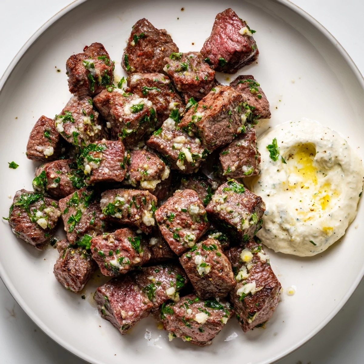 Perfectly seared steak cubes coated in rich garlic butter, paired with a zesty horseradish cream for a savory appetizer or main dish.  