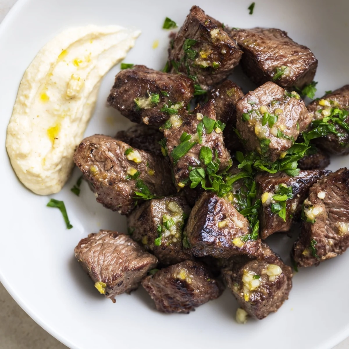 Golden-brown garlic butter steak bites glistening with melted butter and fresh parsley, served alongside a creamy horseradish dipping sauce.  
