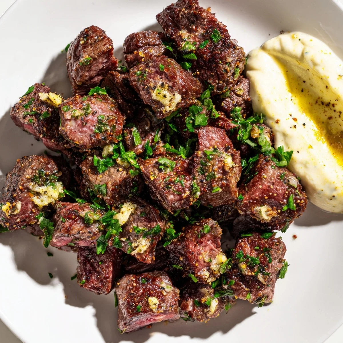 Tender sirloin steak bites sizzled in garlic butter, finished with fresh herbs and a dollop of spicy horseradish cream sauce.