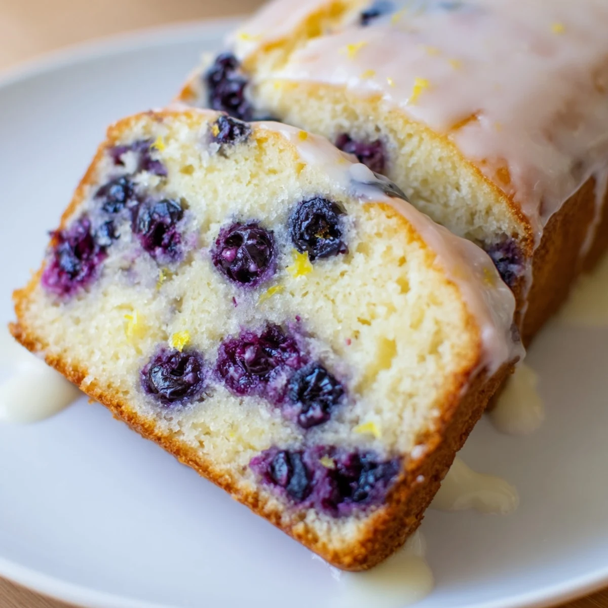 A golden-brown Lemon Blueberry Yogurt Loaf Cake sliced on a wooden board, revealing moist crumb and scattered fresh blueberries inside.
