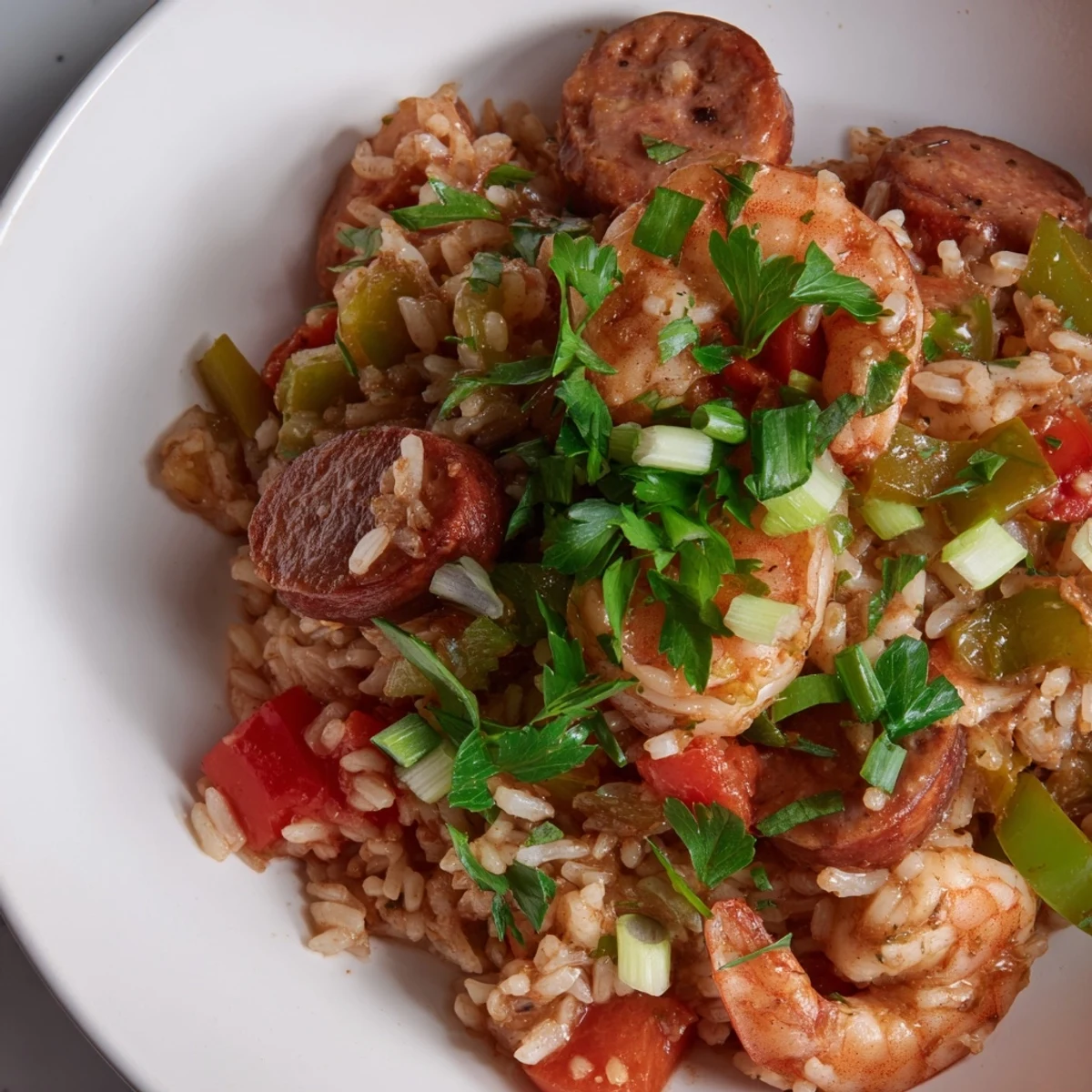 A close-up of Spicy Jambalaya with Shrimp and Turkey Sausage, featuring pink shrimp nestled in seasoned rice next to smoky sausage slices.
