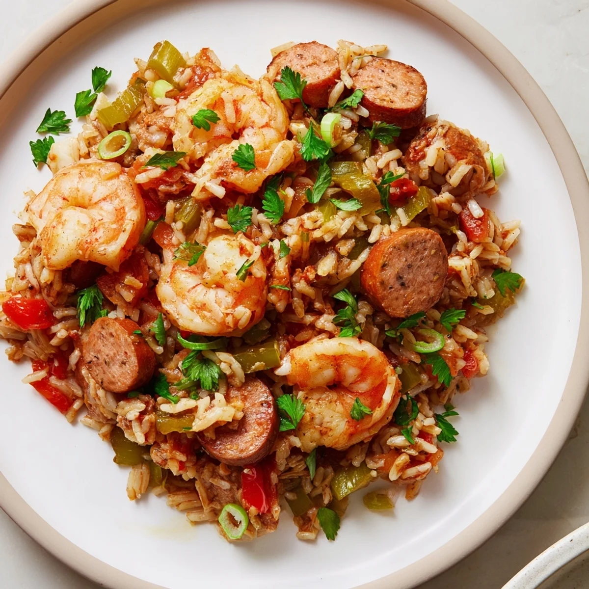 An inviting bowl of Spicy Jambalaya with Shrimp and Turkey Sausage, served with lemon wedges for a zesty, family-style weeknight dinner.