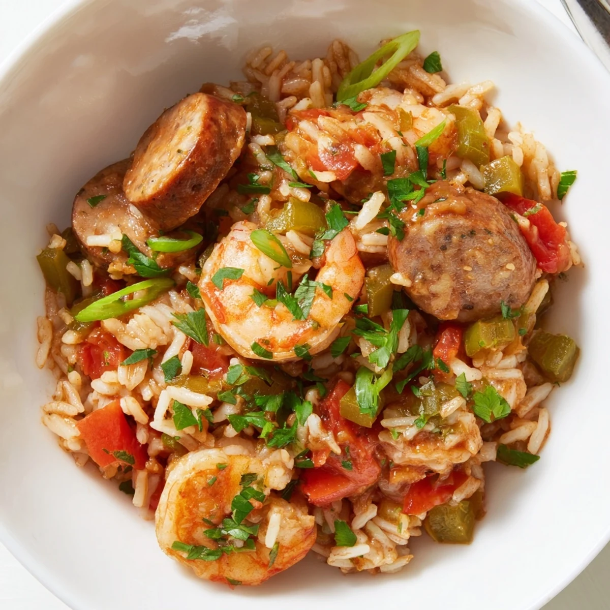 This hearty Creole-style Spicy Jambalaya with Shrimp and Turkey Sausage is garnished with fresh parsley and green onions for a bright finish.