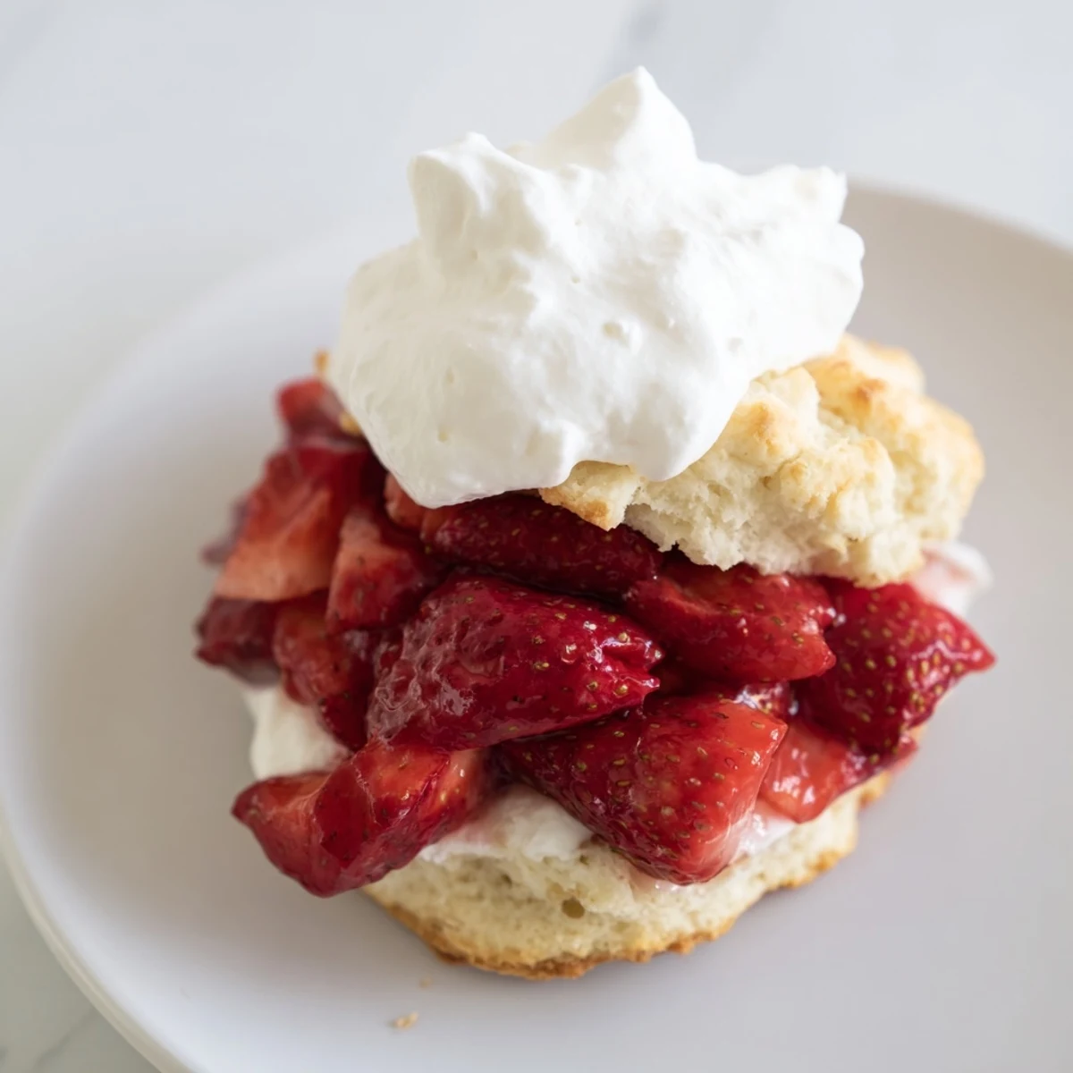 A close-up view of layered strawberry shortcake with flaky homemade biscuits, juicy sweet strawberries, and fresh whipped cream.  