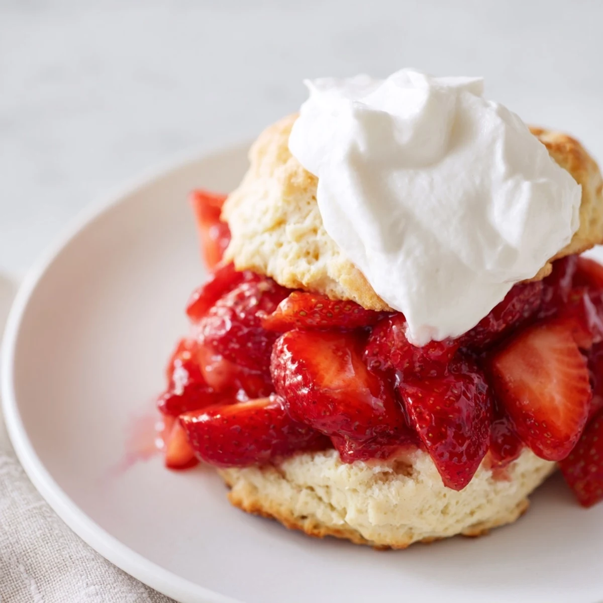 Golden brown biscuits stacked high with fresh strawberries and a dollop of whipped cream, ready to serve for a summer dessert.  