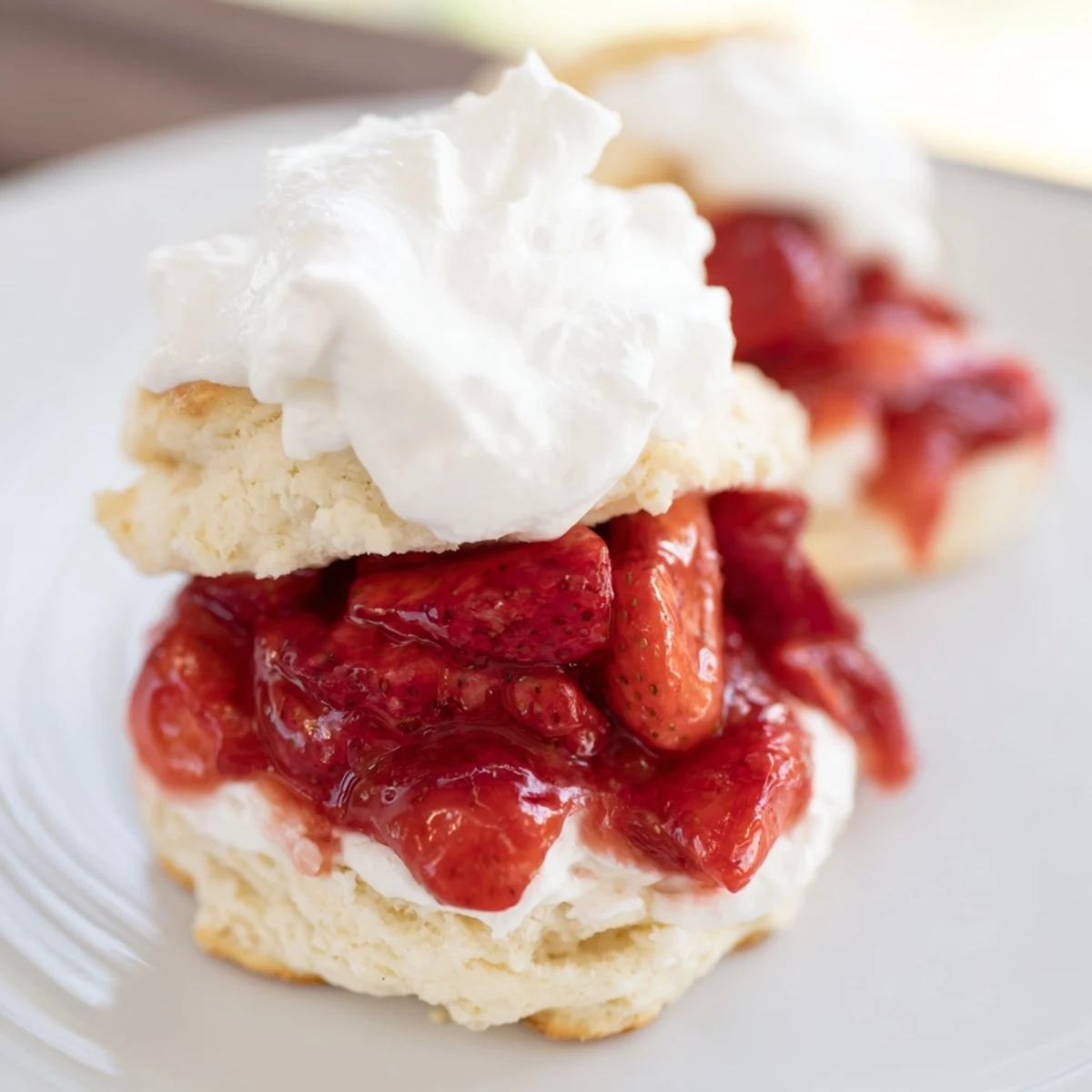 Homemade strawberry shortcake topped with sliced strawberries and whipped cream, a classic American dessert perfect for Memorial Day.