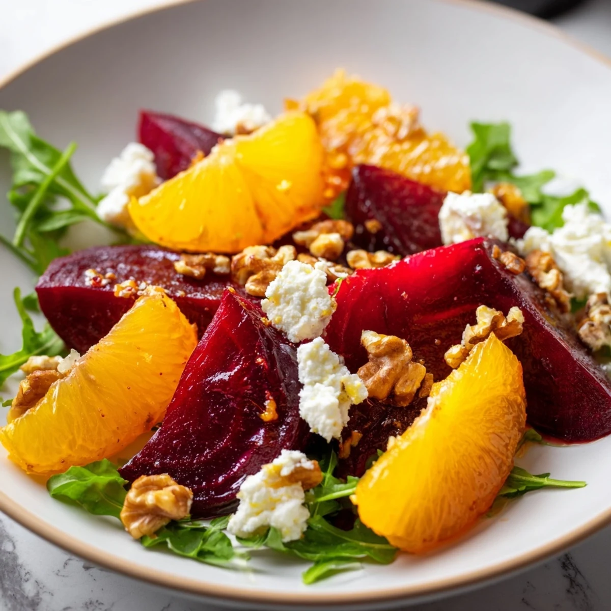 Roasted Beet and Citrus Salad with Arugula features ruby beet wedges, bright citrus slices, and peppery greens on a rustic platter.