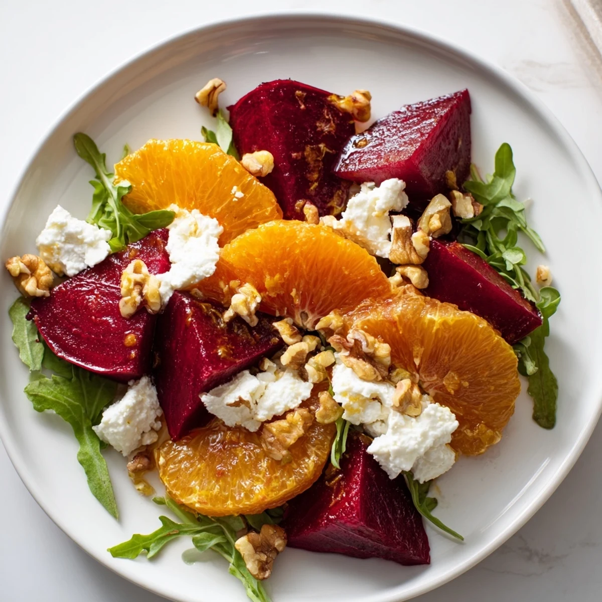 A generous drizzle of tangy vinaigrette brings this Roasted Beet and Citrus Salad with Arugula to life at dinner.