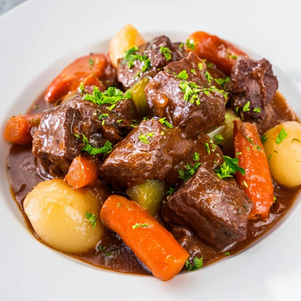 A steaming bowl of Irish Beef Stew with Guinness-Style Alcohol-Free Sauce, featuring tender beef chunks, carrots, and potatoes in a dark, rich broth.
