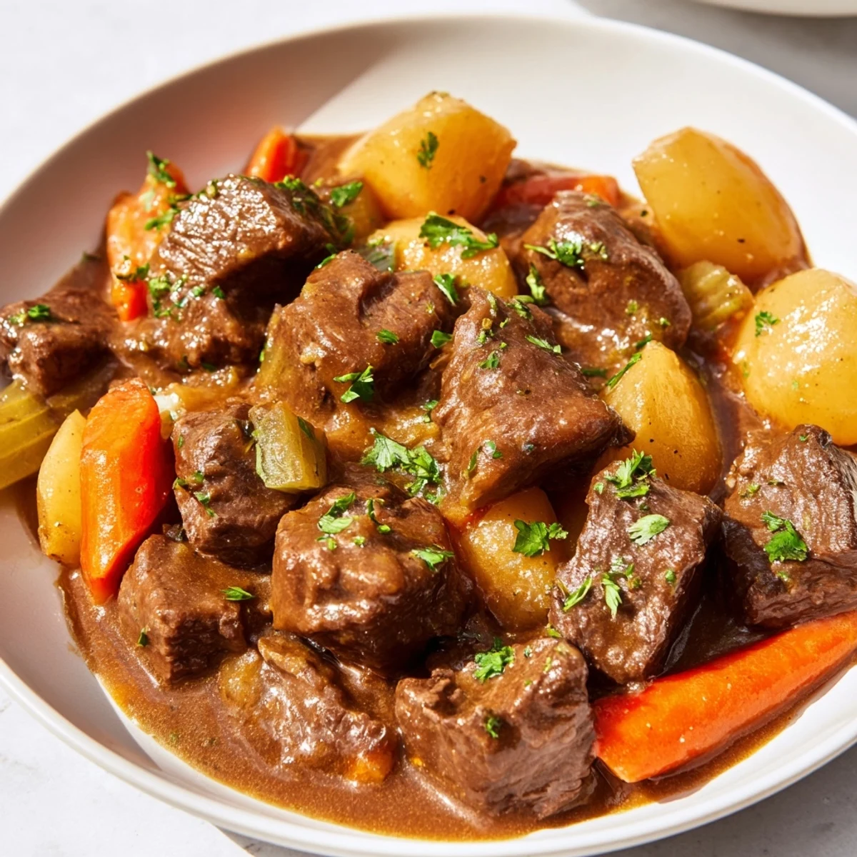 Irish Beef Stew with Guinness-Style Alcohol-Free Sauce served in a rustic pot, garnished with fresh parsley alongside crusty artisan bread for dipping.