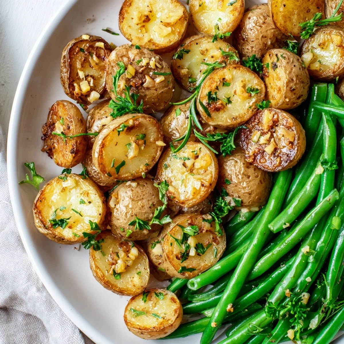 A vibrant side dish of Garlic Herb Roasted Potatoes and Green Beans served hot with parsley garnish.  
