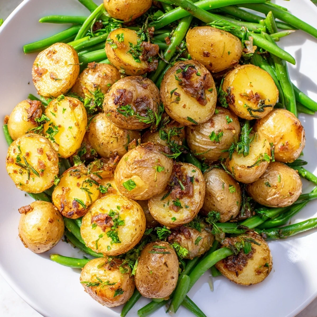 Golden roasted baby potatoes and crisp green beans seasoned with fresh herbs and garlic on a rustic baking sheet.  