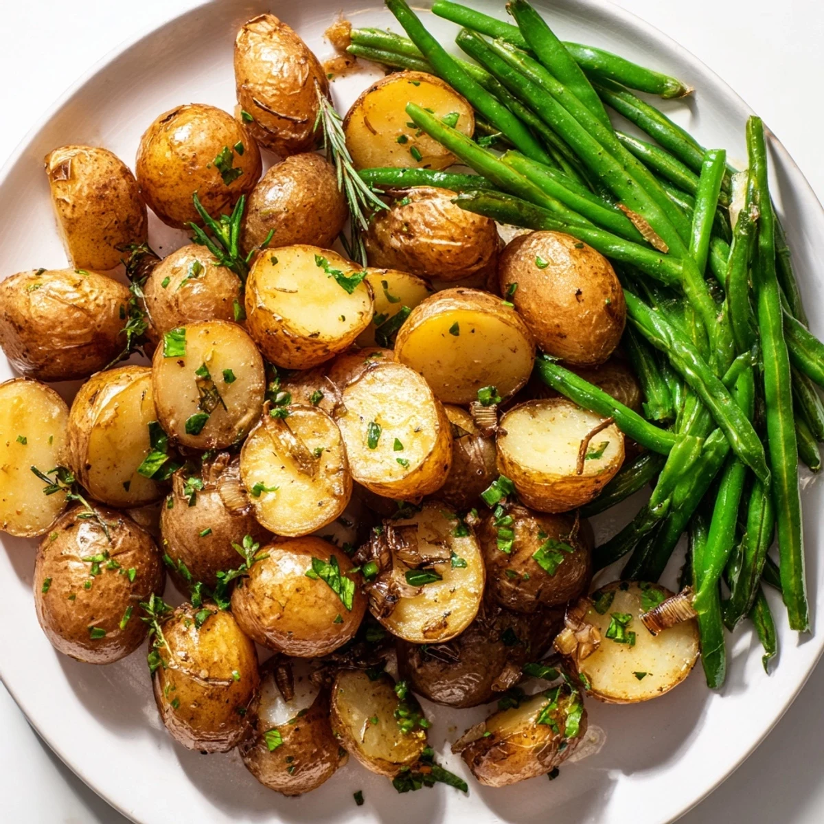 Roasted potatoes and green beans tossed with garlic, rosemary, and thyme, ready for a weeknight dinner.