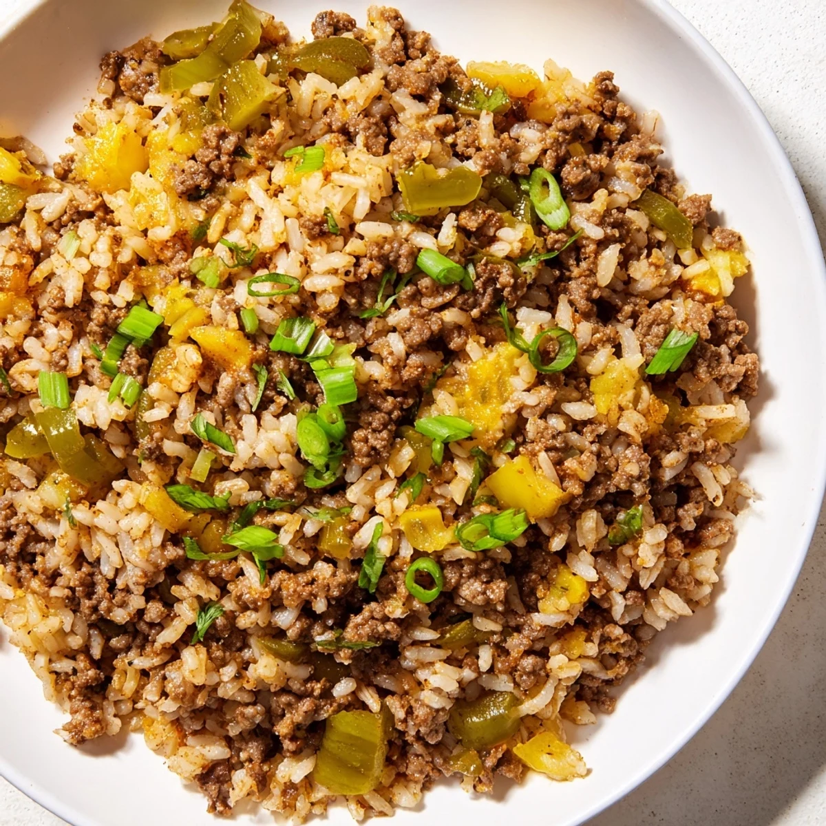 Close-up of Cajun Dirty Rice with Ground Beef, showcasing colorful bell peppers and celery in a rustic Southern-style serving bowl.