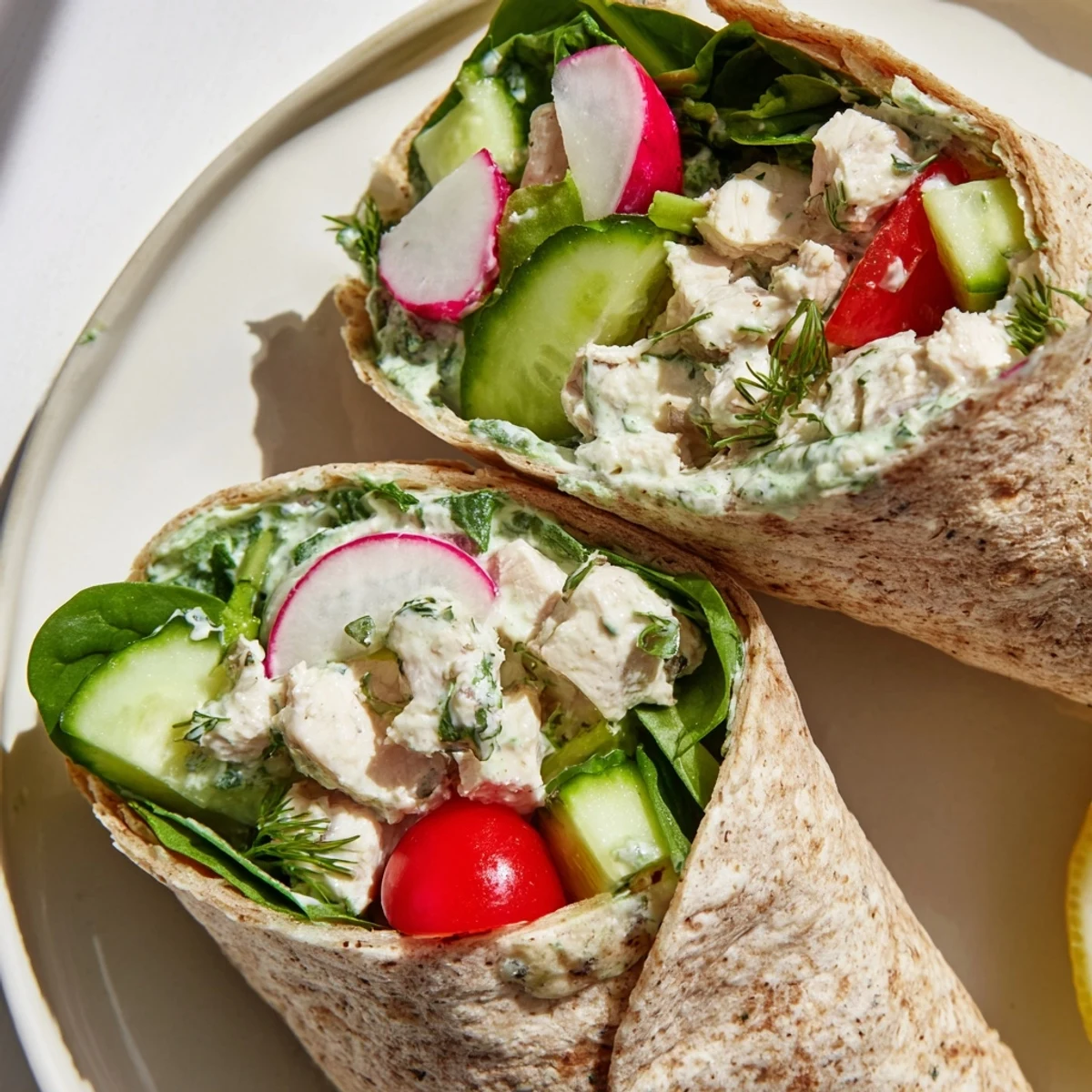 Freshly prepared Green Goddess Chicken Salad Wraps filled with creamy herb dressing, crisp cucumbers, and ripe avocado on whole wheat tortillas.  