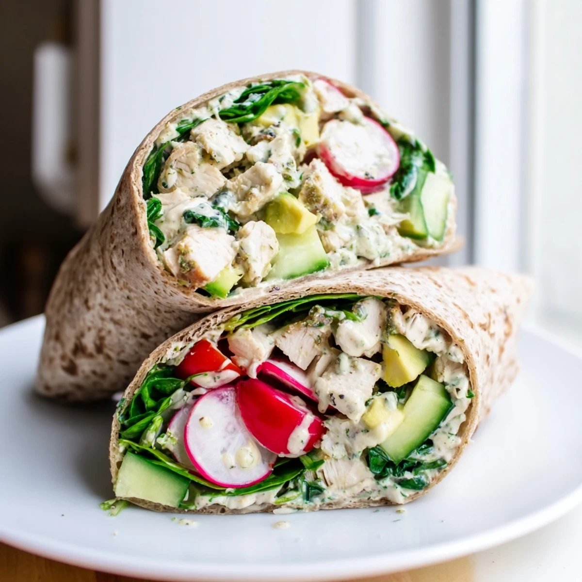 A close-up of vibrant Green Goddess Chicken Salad Wraps with juicy chicken, crunchy radishes, and fresh spinach leaves, ready to enjoy.
