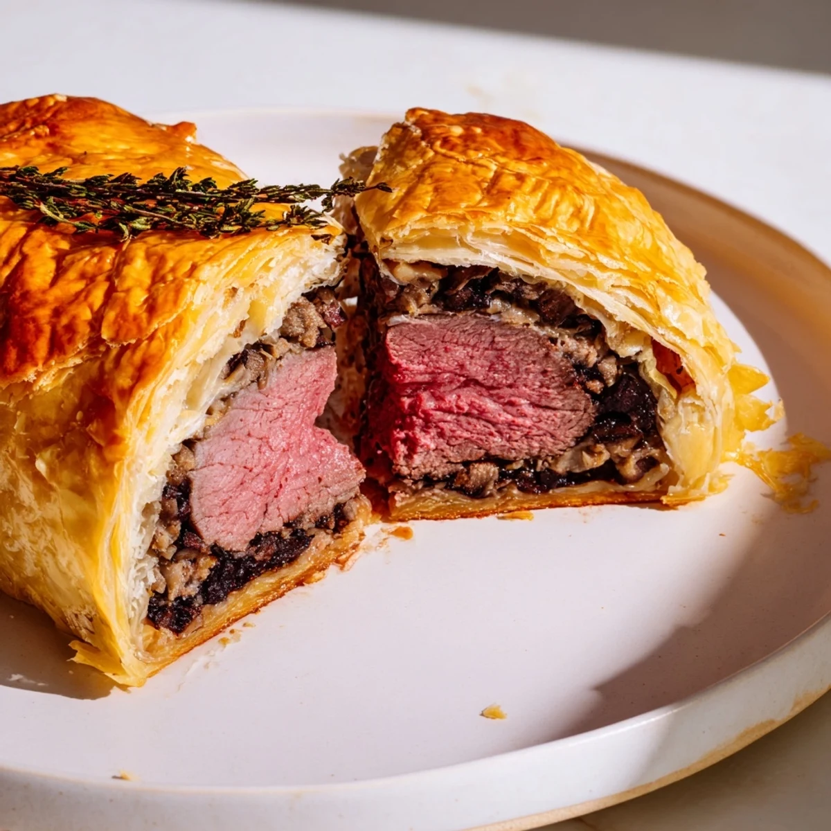 Freshly baked Beef Wellington resting on a wooden board, its golden puff pastry crust glistening in soft light.