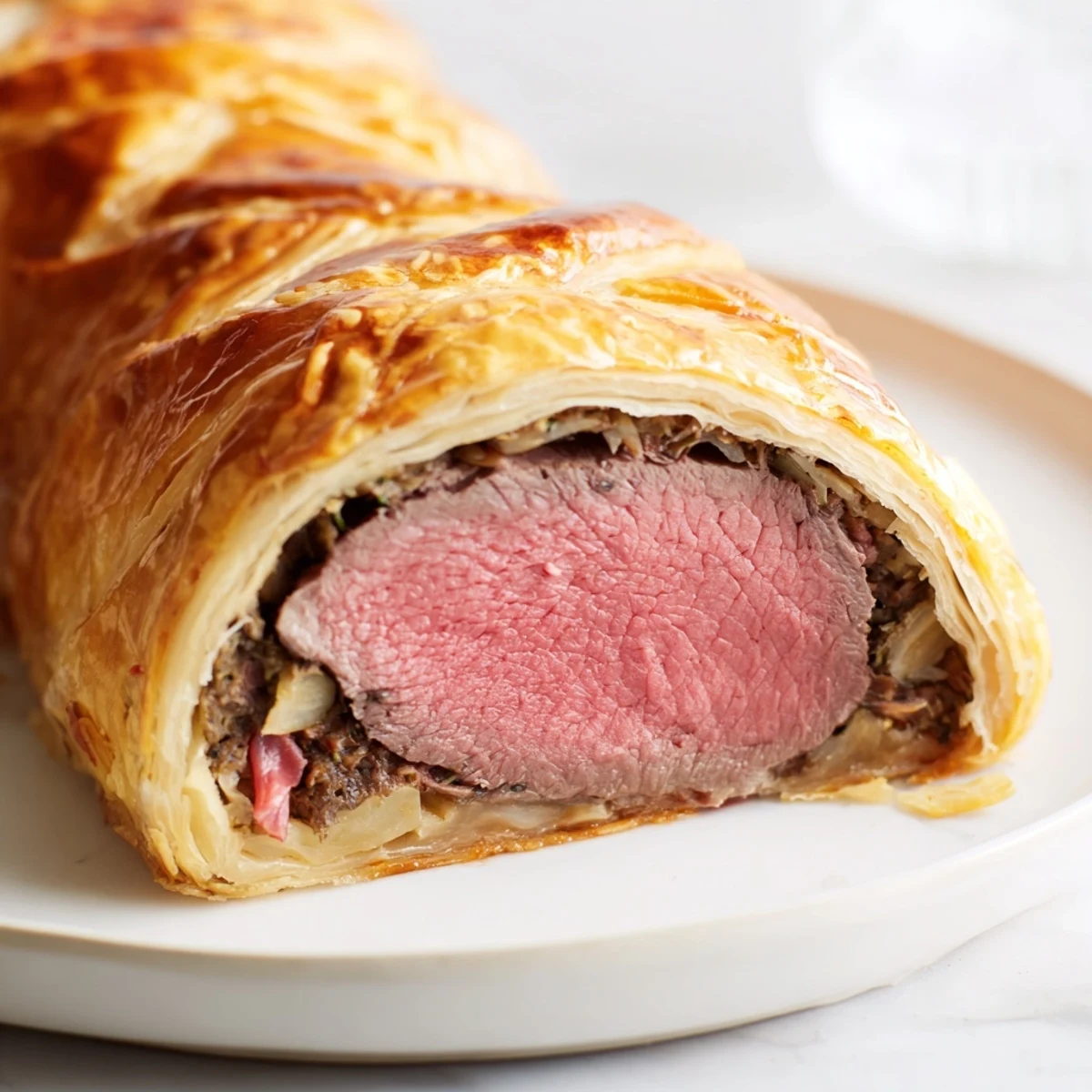 Golden Beef Wellington served with a side of roasted potatoes and a glass of red wine on a rustic table.