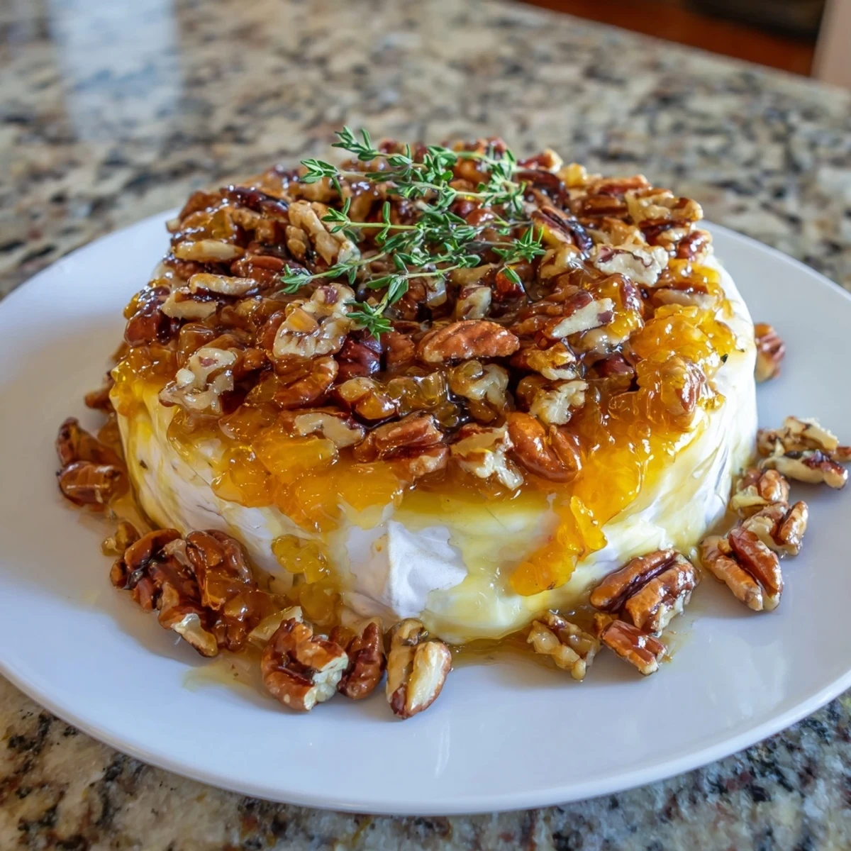 A warm, gooey wheel of Baked Brie with Apricot Preserves and Pecans, bubbling on a wooden serving board.  