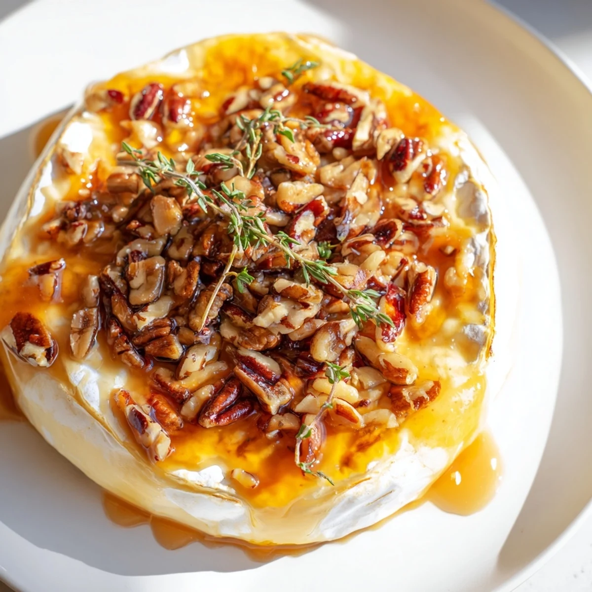 Golden Baked Brie with Apricot Preserves and Pecans, topped with sweet preserves and crunchy nuts on a slate platter.  