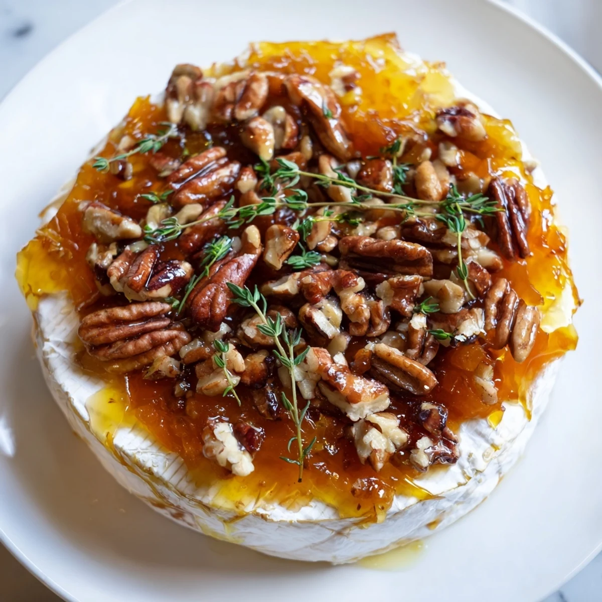 A slice of Baked Brie with Apricot Preserves and Pecans is served with crackers at a cozy holiday party.