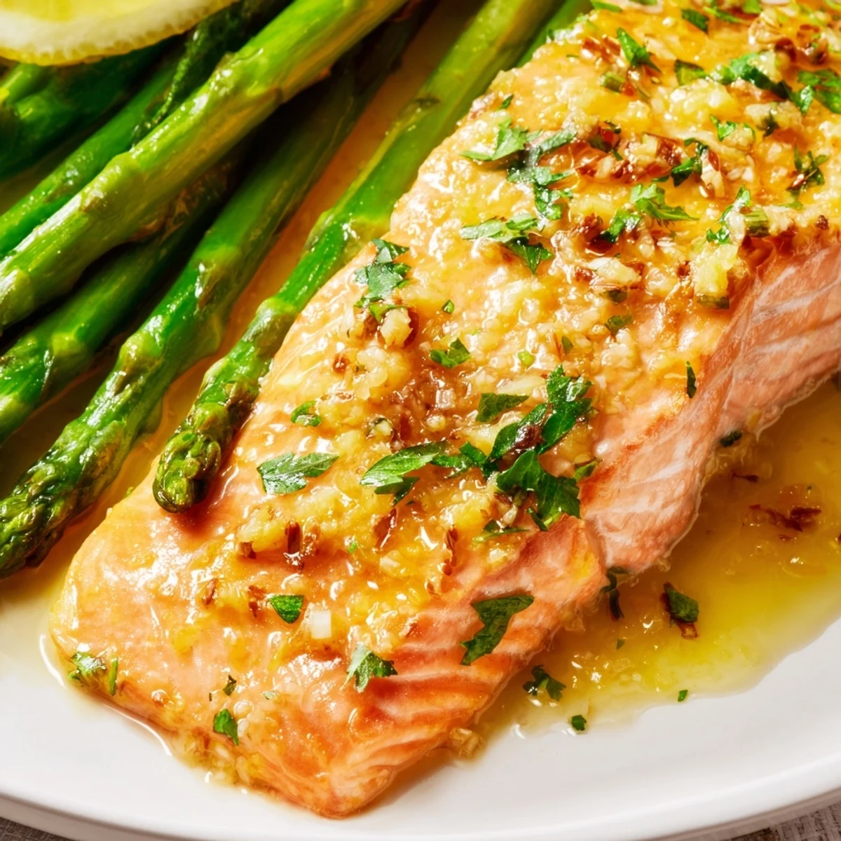 Roasted asparagus and tender Lemon Garlic Butter Salmon with fresh herbs garnish this elegant gluten-free meal.