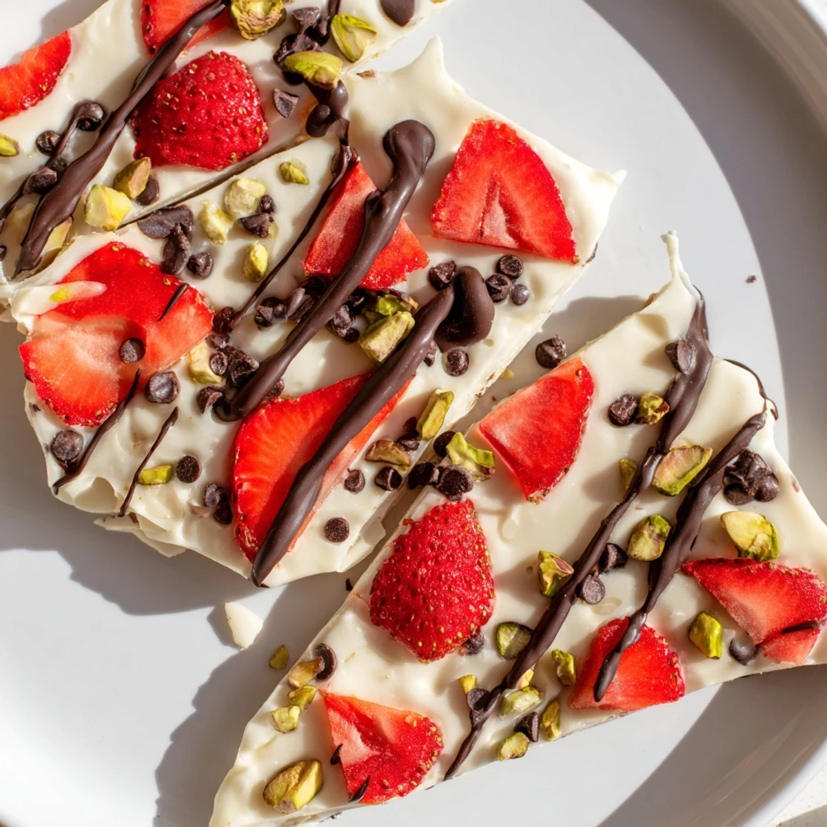 A close-up of Chocolate Covered Strawberry Yogurt Bark with creamy Greek yogurt base, fresh sliced strawberries, and a glossy dark chocolate drizzle.