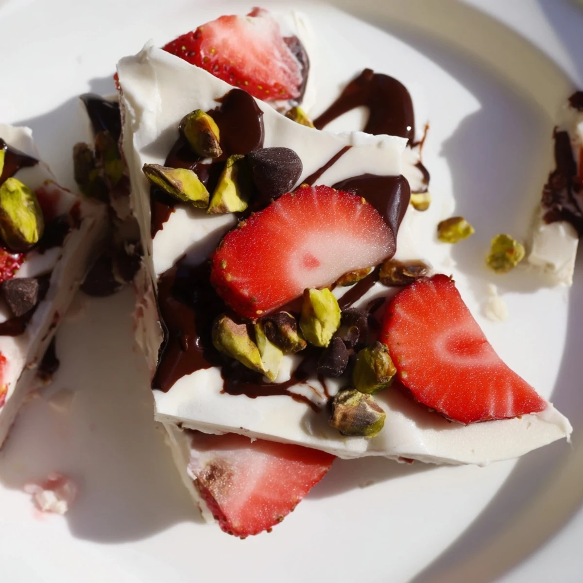 On a parchment-lined tray, this frozen Chocolate Covered Strawberry Yogurt Bark displays strawberries, mini chocolate chips, and chopped pistachios for texture.