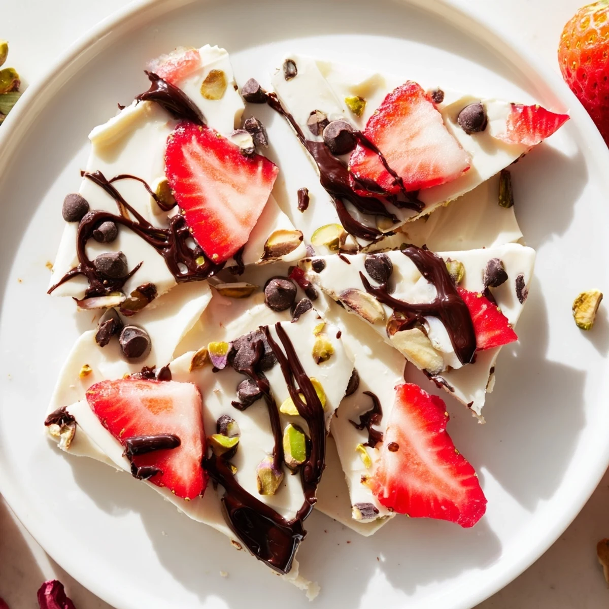 Serving suggestion for Chocolate Covered Strawberry Yogurt Bark: broken pieces piled on a plate, ready for a refreshing, light dessert or snack.