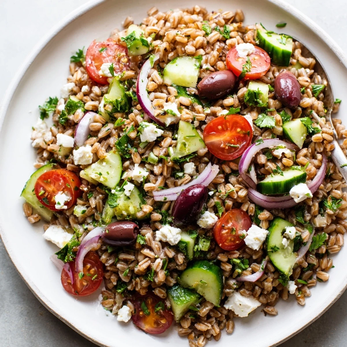 A close-up of Mediterranean Farro Salad with Cucumber and Feta showing chewy grains, diced cucumber, red onion, and halved cherry tomatoes.