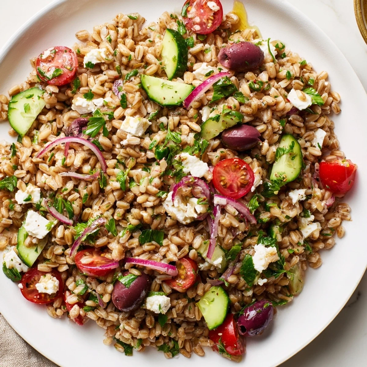 Mediterranean Farro Salad with Cucumber and Feta served in a white bowl, topped with crumbled feta and briny Kalamata olives.